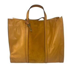 Fossil Leather Carmen Large Shopper Tote Suede Panel Mustard Yellow Gold